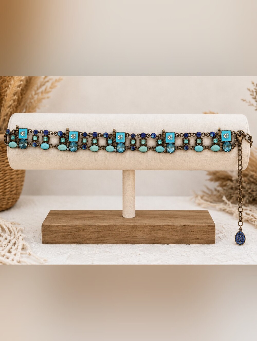 Vintage Style 40" Metal Jeweled Chain Belt Blue Turquoise Statement Boho